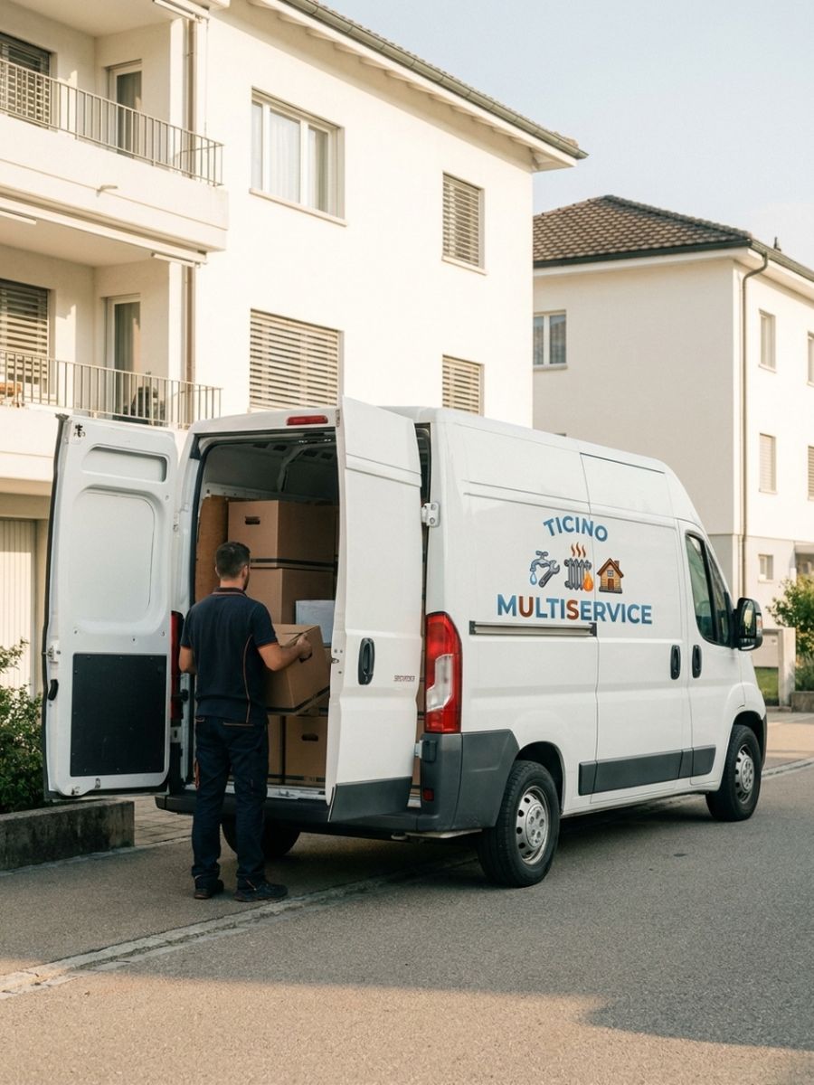 Furgone Ticino Multiservice con logo durante un trasloco